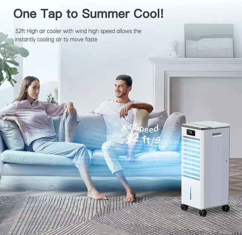 Hose-Free Portable Evaporative Air Cooler  3-Speed, 3-Mode Swamp Cooler with 12-Hour Auto-Off, 20-Hour Runtime, 16-Foot Remote