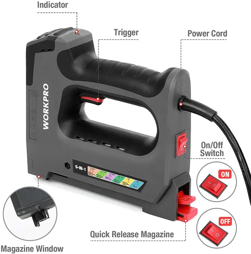 WORKPRO 110V 6-in-1 Electric Stapler & Tacker for Woodworking and DIY Projects