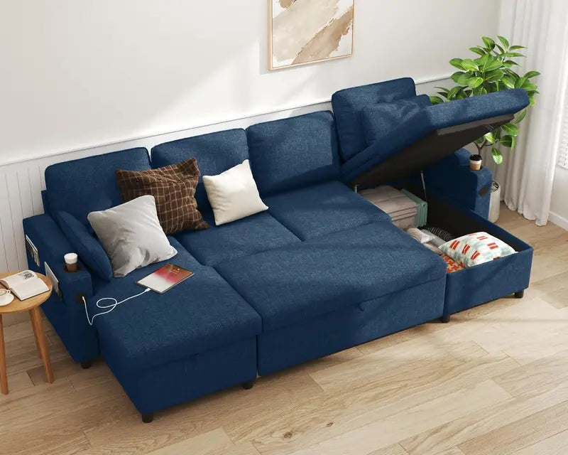 Convertible Dark Gray Sofa Bed  Pull-Out Sleeper Sectional with Built-In Storage, USB Ports & Cup Holders