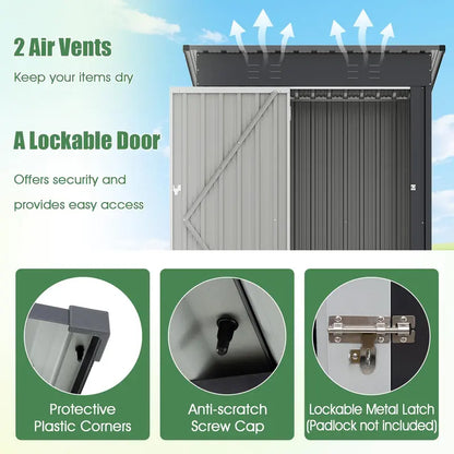 5′ x 3′ Compact Metal Storage Shed — Sloped-Roof Tool House with Ventilation & Lockable Door