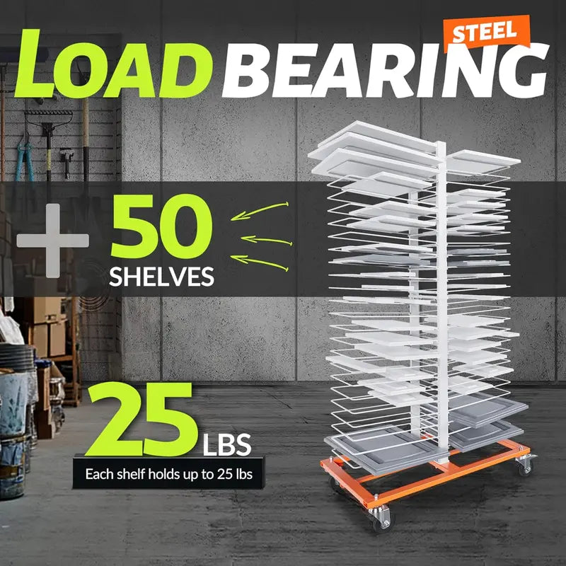 50-Shelf Rolling Paint Drying Rack  25 lbs per Shelf, Orange/White Industrial Organizer