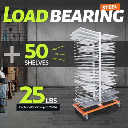 50-Shelf Rolling Paint Drying Rack  25 lbs per Shelf, Orange/White Industrial Organizer