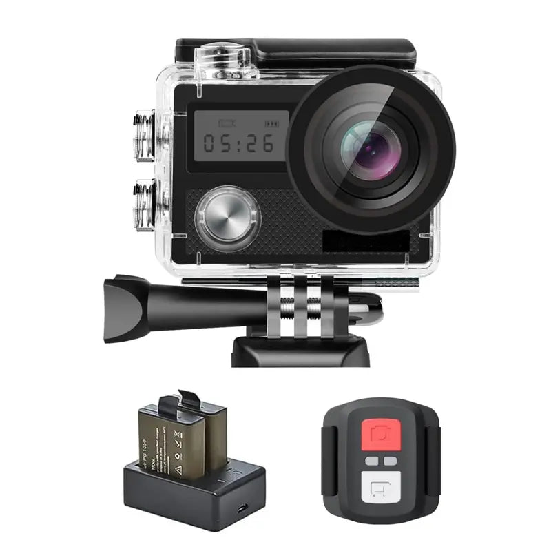 Dual-Screen 4K Action Camera Kit with Waterproof Housing, WiFi, and Mount Accessories