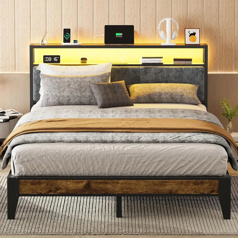 OLEVS Single Metal Platform Bed with LED-Lit Storage Headboard & USB Charging Station