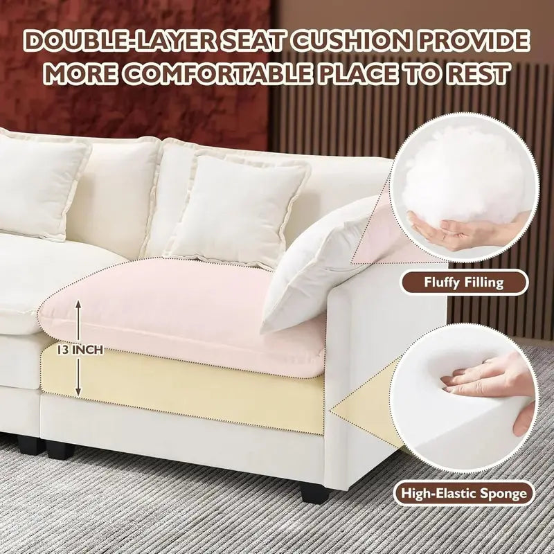 111.4-Inch L-Shaped Modular Cloud Sofa  Chenille 4-Seater with Ottoman & Deep Seat Design