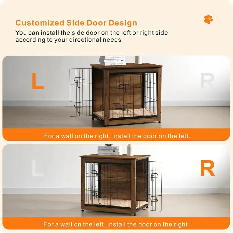 DWANTON Wooden Dog Crate Furniture with Cushion, Multi-Functional Pet Crate & Side Table, Durable & Chew-Resistant, Double Doors, Adjustable Feet