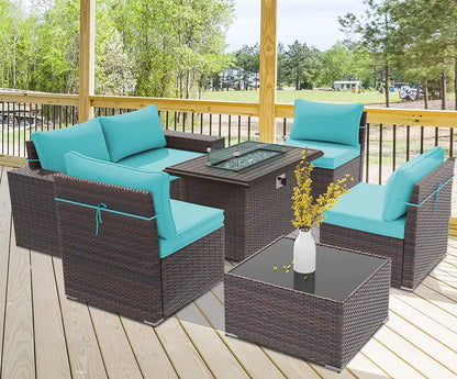 ALAULM Outdoor Patio Furniture Set with Propane Fire Pit Table, 7 Pieces Outdoor Furniture Patio Sectional Sofa Conversation Sets w/ETL Approved 43