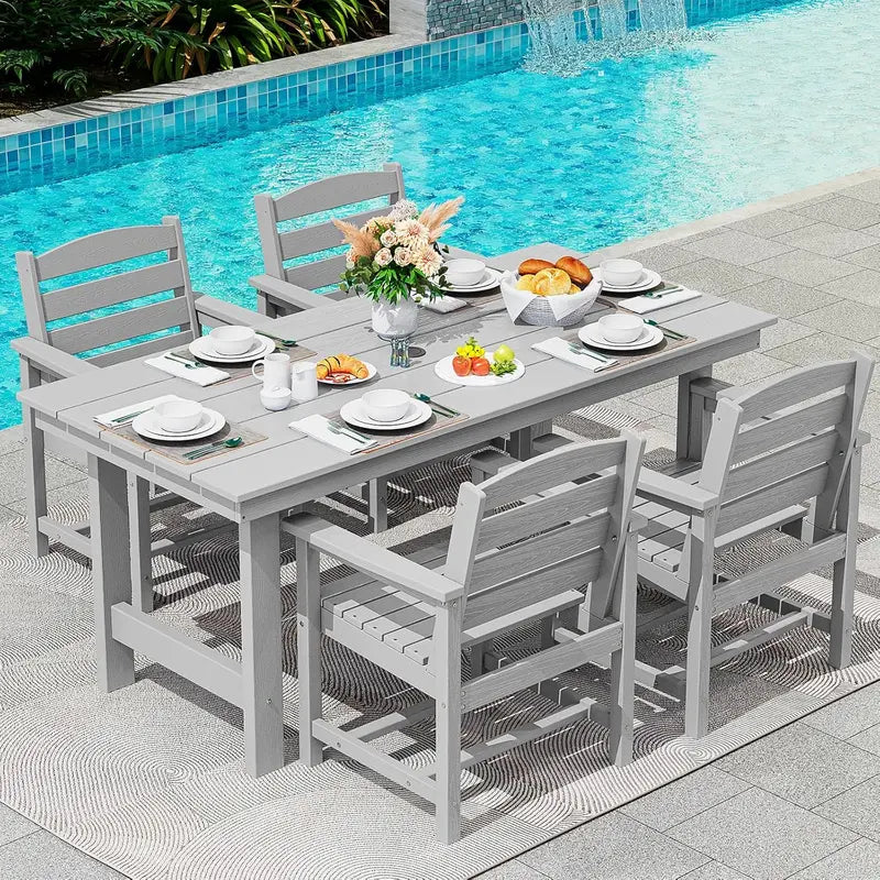SERWALL 7-Piece Blue HDPE Outdoor Dining Set with Umbrella Hole and Stackable Chairs