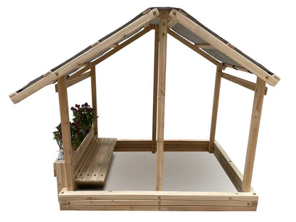 Funphix Dig n’ Play Wooden Sandbox Playhouse with Bench and Flower Planter, Outdoor Sand Pit for Kids