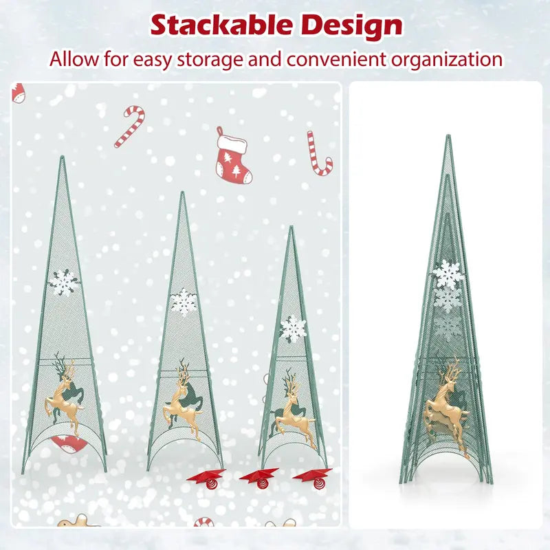 Three-Tier Tower-Style Artificial Christmas Trees — 3 ft, 3.5 ft, and 4 ft Metal Frames with Removable Star Toppers and Mini Reindeer Accents