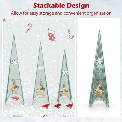 Three-Tier Tower-Style Artificial Christmas Trees — 3 ft, 3.5 ft, and 4 ft Metal Frames with Removable Star Toppers and Mini Reindeer Accents