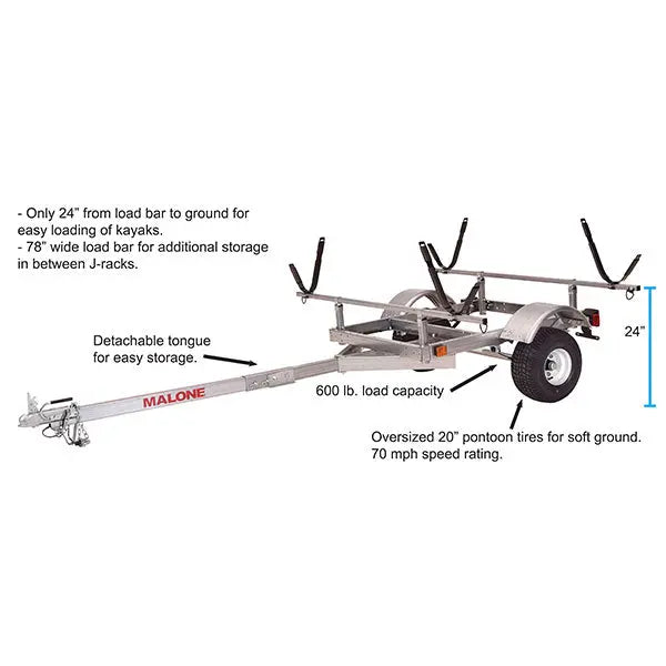 Malone LowMax 2-Kayak Galvanized Trailer with LED Lights and 70 MPH Tires