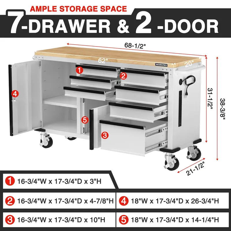 WORKPRO Heavy-Duty Rolling Tool Cabinet — 7-Drawer, 2-Door, 1000 lb Capacity with Locking System & Power Strip