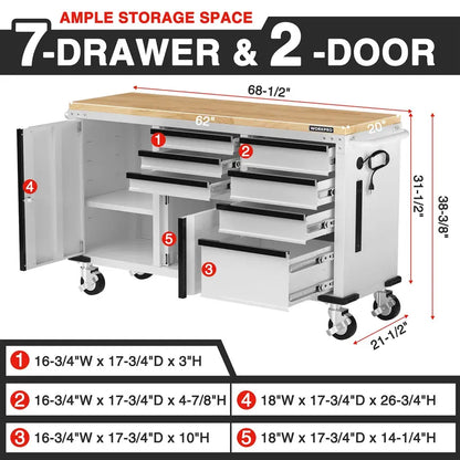 WORKPRO Heavy-Duty Rolling Tool Cabinet — 7-Drawer, 2-Door, 1000 lb Capacity with Locking System & Power Strip