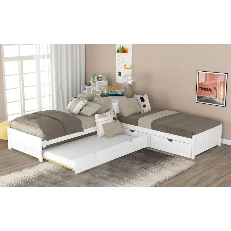 Contemporary White L-Shaped Twin Platform Bed with Built-in Trundle and Storage Drawers