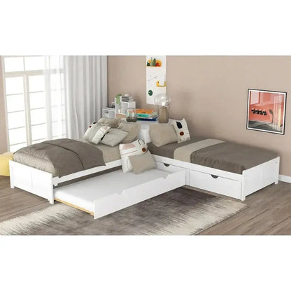 Contemporary White L-Shaped Twin Platform Bed with Built-in Trundle and Storage Drawers