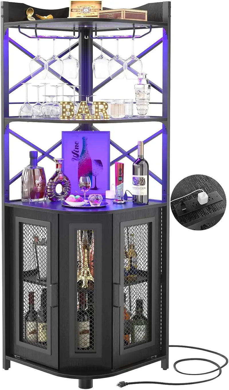 Aheaplus Industrial-Style Corner Bar Cabinet with LED Lighting, Power Outlet & Glass Rack  5-Tier White Oak Liquor Storage Unit for Compact Spaces
