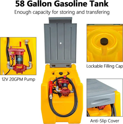 TECSPACE 58-Gallon Portable Fuel Tank  12V Electric Transfer Pump, 40 GPM, 4-Meter Hose (Yellow)