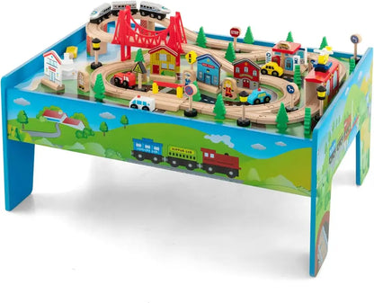 Wooden Dual-Activity Kids’ Table with Flip-Up Top & Built-In Storage  100-Piece Train Set Featuring Tracks, Cars, and Accessories for Ages 3+