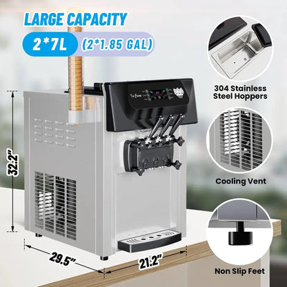 Commercial 3-Flavor Soft Serve Ice Cream Machine — 2200W, 5.37.4 Gal/Hr Output, LCD Touchscreen & Auto-Clean
