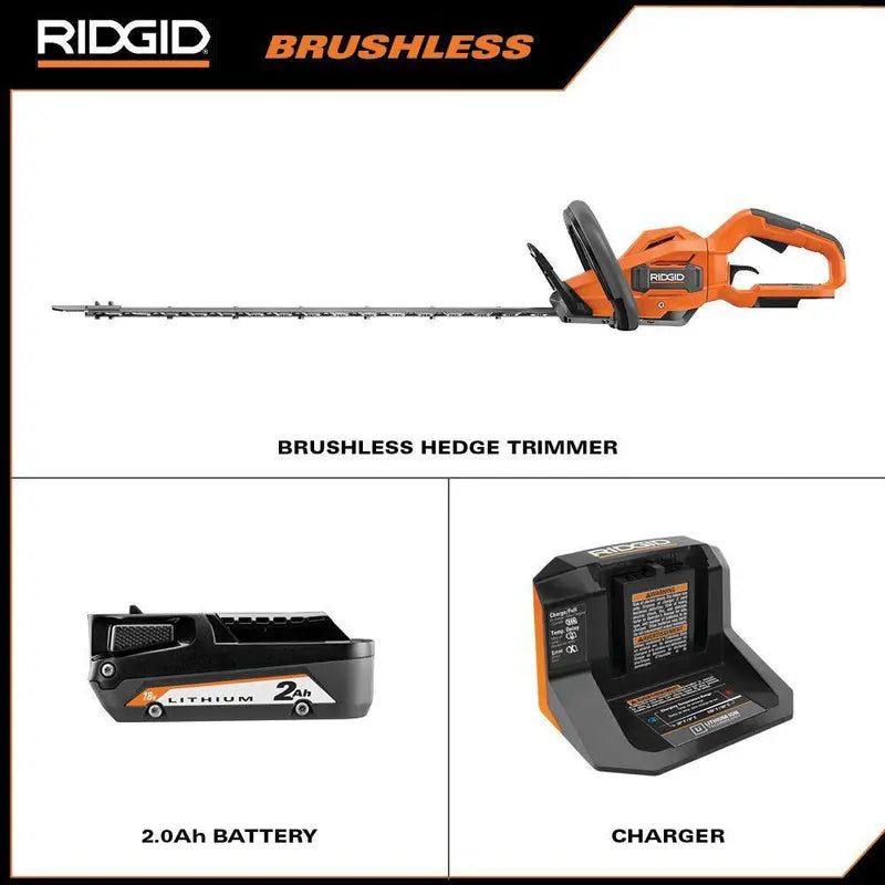 RIDGID 18V Brushless 22¡å Hedge Trimmer Kit with 2.0 Ah Battery &amp; Charger