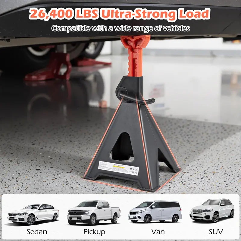 12-Ton (26,400 LB) Adjustable Jack Stands with 19-Inch to 29.5-Inch Lifting Range
