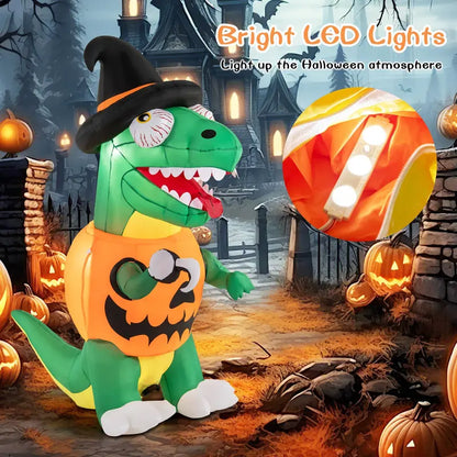 6 ft Inflatable Pumpkin Dinosaur  Yard-Sized Halloween Decoration with Integrated LED Lights & Witch Hat