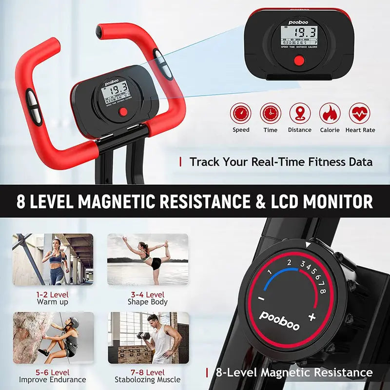 Pooboo X819 Foldable Exercise Bike, 8-Level Magnetic Resistance, LCD Monitor, 300-350lb Capacity, Indoor Cycling Fitness Equipment