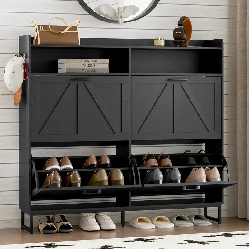 Minimalist Wooden Shoe Storage Cabinet with 2 Flip Drawers and Slim Profile