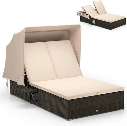 RELAX4LIFE Outdoor Wicker Daybed  Retractable Canopy Double Chaise Lounge with 6-Position Adjustable Backrest