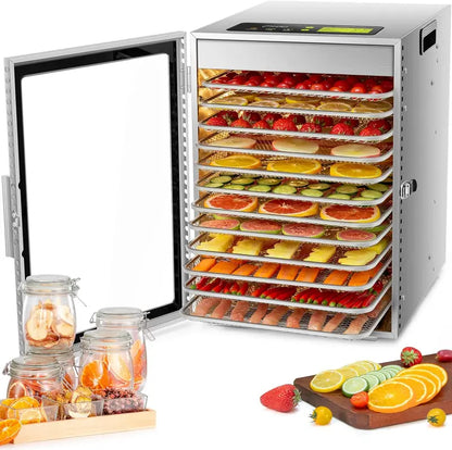 12-Tray Stainless Steel Food Dehydrator  Dual-Fan 360° Airflow, 24-Hour Timer, 30°C90°C Range & Overheat Protection (800W)