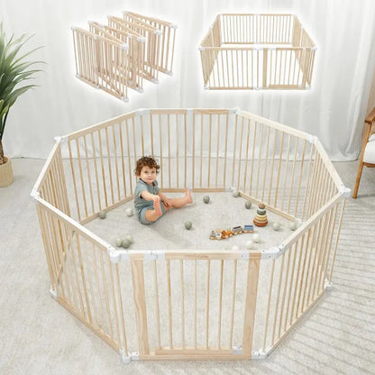 Expandable Pine Wood Baby Playpen  144 cm Square Foldable Fence with Child-Safe Lock and 579 cm Max Extension
