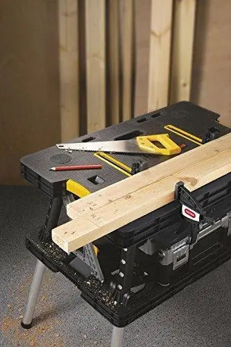 Keter Folding Workbench Table  Miter Saw Stand with Clamps & Compact Garage Storage