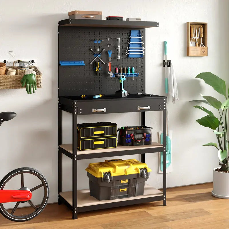Compact 32″ x 16″ Workbench with Pegboard, Dual Shelves, and Worktop