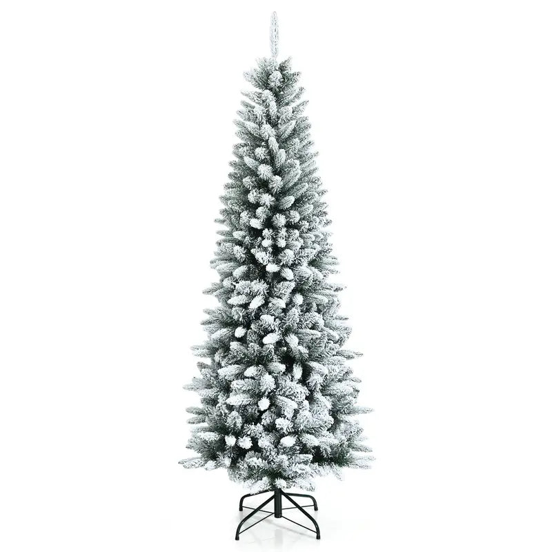 Hinged Snow-Flocked Pencil Christmas Tree  Ultra-Slim Pre-Lit Holiday Tree