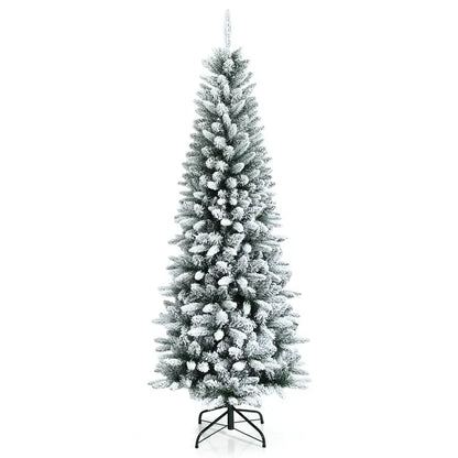 Hinged Snow-Flocked Pencil Christmas Tree  Ultra-Slim Pre-Lit Holiday Tree