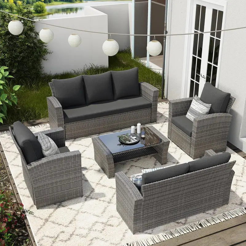 Wisteria Lane 4-Piece Navy Blue All-Weather Wicker Patio Sofa Set with Cushions and Glass Table