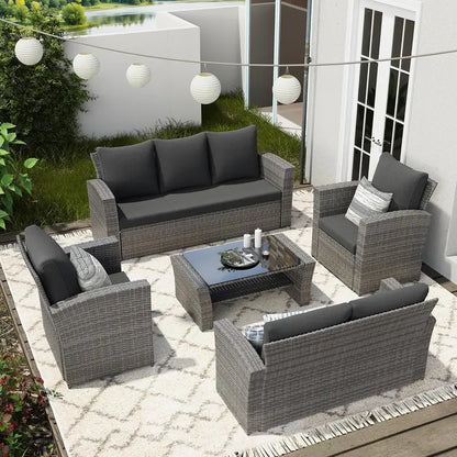 Wisteria Lane 4-Piece Navy Blue All-Weather Wicker Patio Sofa Set with Cushions and Glass Table