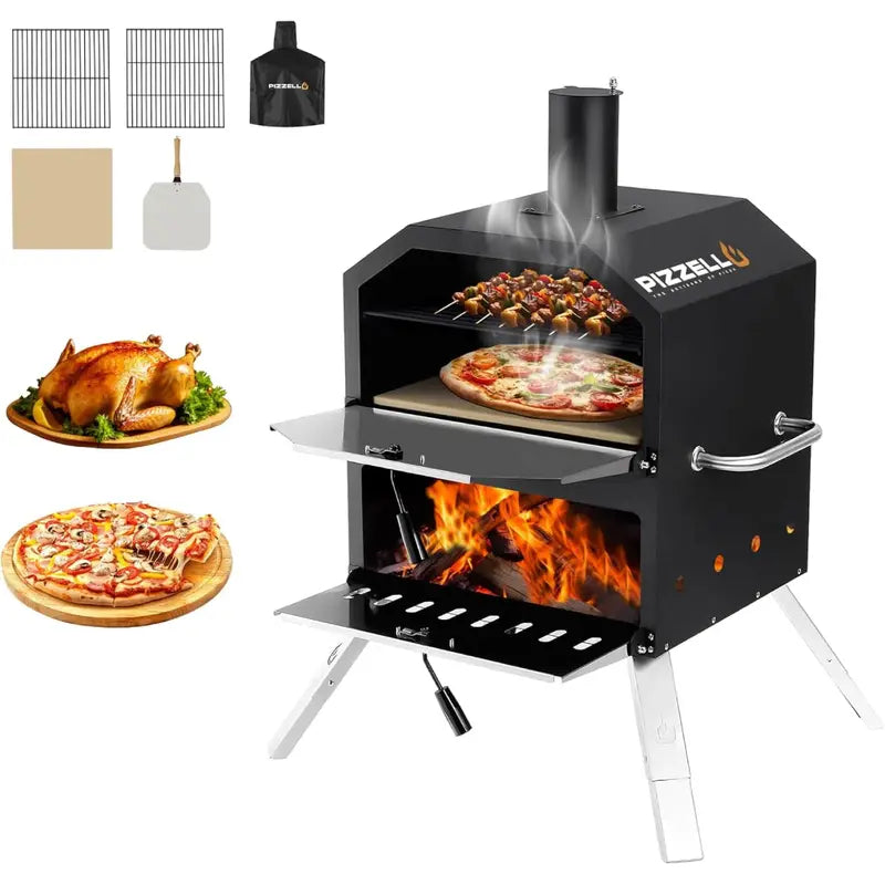 PIZZELLO Dual-Layer Wood-Fired Pizza Oven  Includes Stone, Peel & Grill Grate