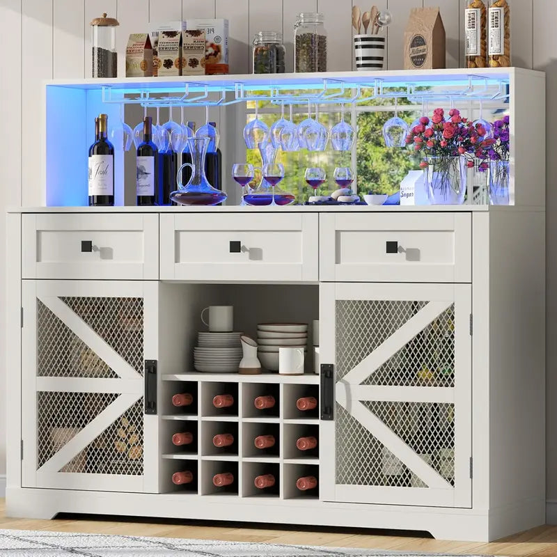 LED-Illuminated Wine & Liquor Bar Cabinet  Multi-Function Coffee Bar with Glass Holders & Buffet Storage