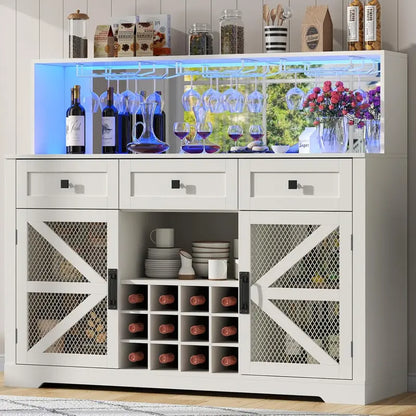 LED-Illuminated Wine & Liquor Bar Cabinet  Multi-Function Coffee Bar with Glass Holders & Buffet Storage