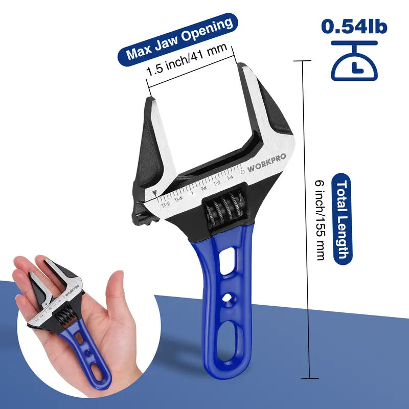 WORKPRO 6-Inch Stubby Adjustable Wrench — 1.5″ Wide Jaw, Dual Metric/SAE Scale Markings