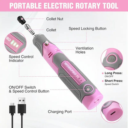 WORKPRO 3.6V Cordless Rotary Tool Kit — Compact Electric Engraving & Grinding Set, Pink Ribbon