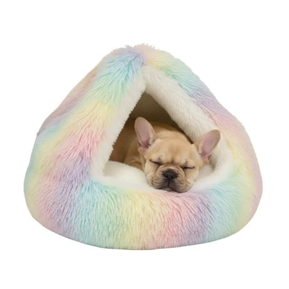 Cozy Hooded Round Pet Bed with Plush Faux Fur Cover for Cats and Small Dogs