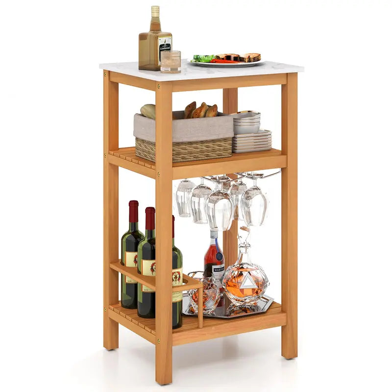 Three-Tier Patio Bar Cabinet  Faux Marble Countertop Serving Table for Outdoor Entertaining