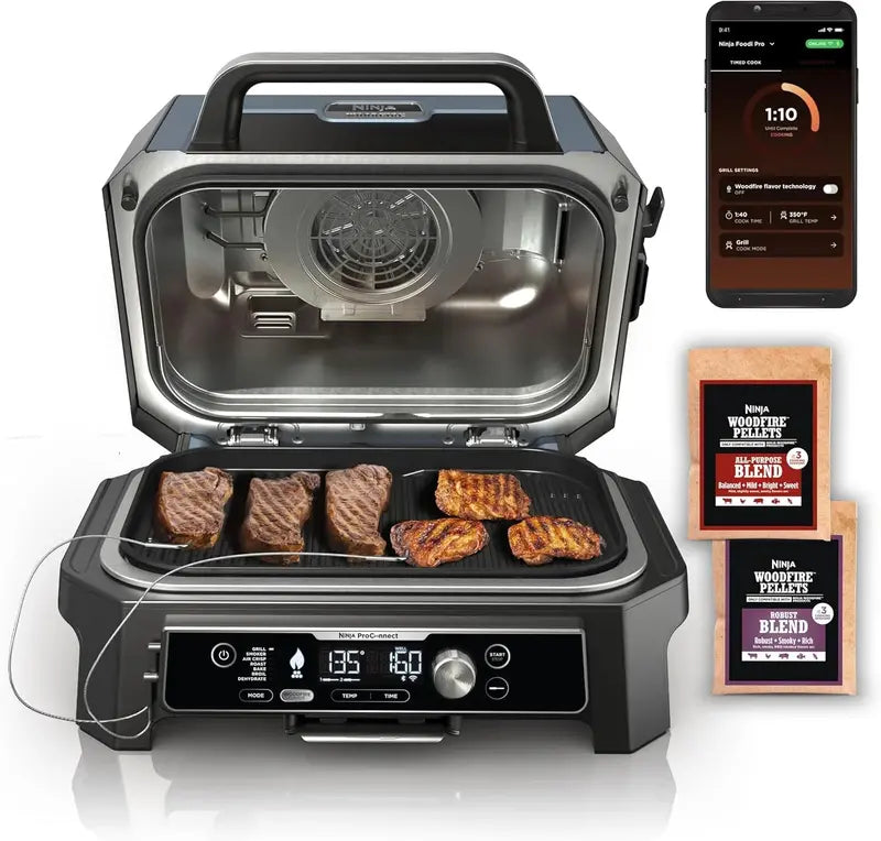 Ninja Woodfire Pro XL OG850 Outdoor Grill & Smoker — 4-in-1 Electric System: Grill, Smoke, Air Fry, Bake; Includes Thermometer, Dark Grey