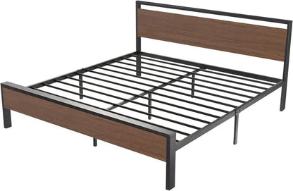 SHA CERLIN Queen Metal Platform Bed  14-Inch Frame with Wooden Headboard &amp; Footboard