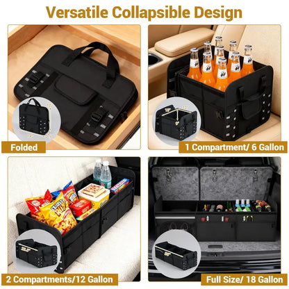 Collapsible Trunk Organizer  Multi-Compartment Vehicle Storage Bin with Detachable Lid