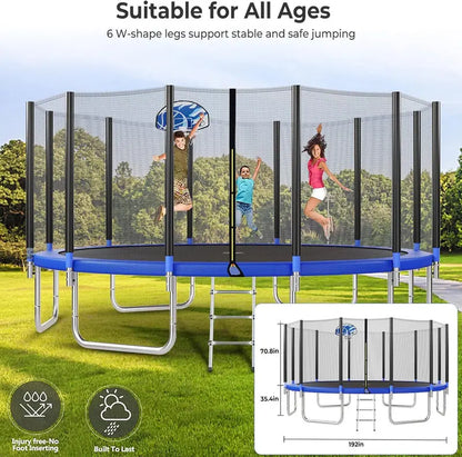 16-Foot Upgraded Trampoline with Enclosure Net and Adjustable Basketball Hoop