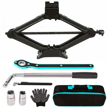 Manual Scissor Jack Kit  2-Ton Crank-Style Lift with Complete Tire-Change Set